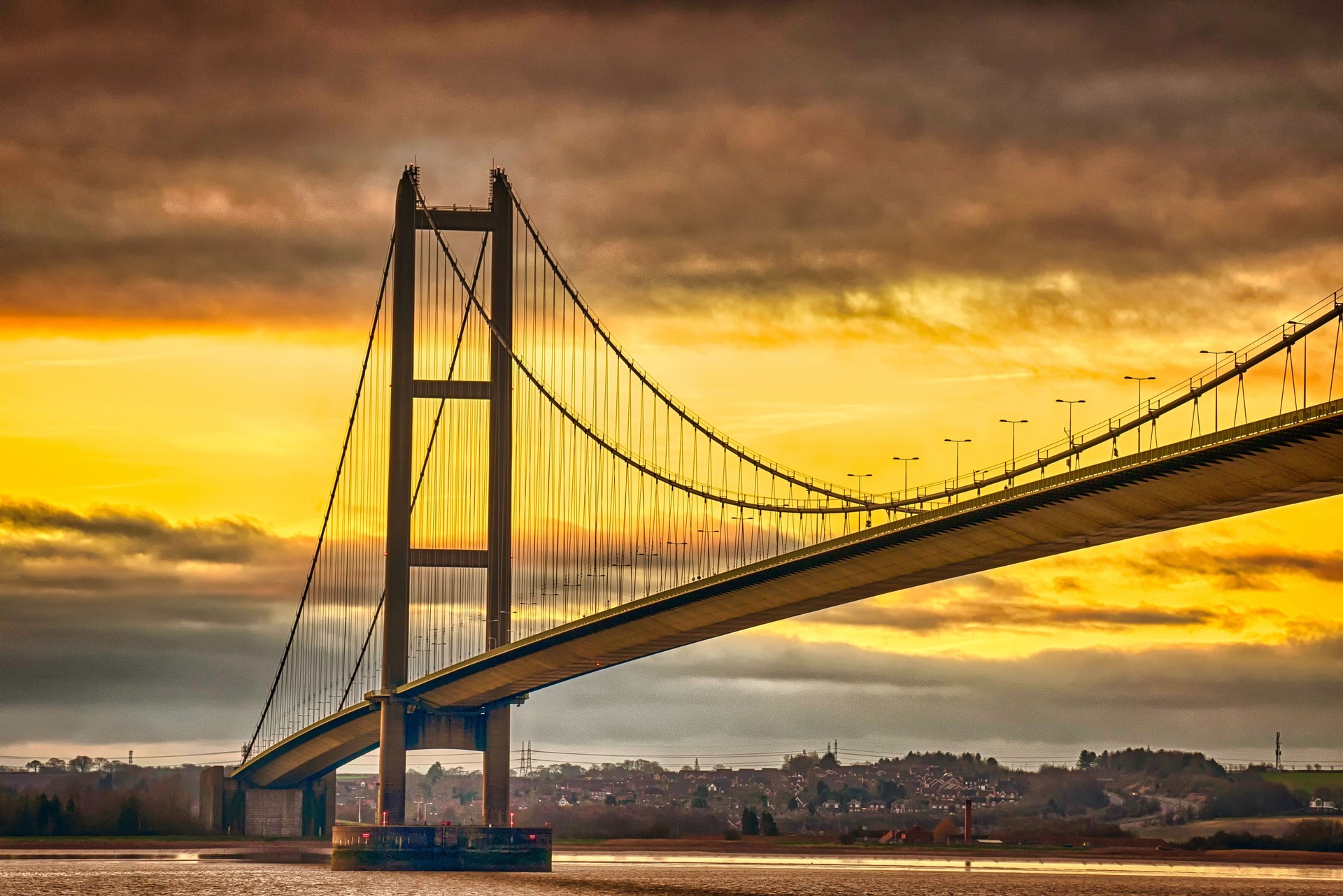 Humber Bridge with colorful sunrise, Hessle, Humberside, England, Britain